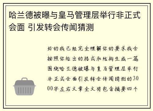 哈兰德被曝与皇马管理层举行非正式会面 引发转会传闻猜测